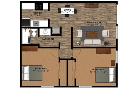 two bedroom one bathroom floor plan at the encore apartments in atlanta, ga